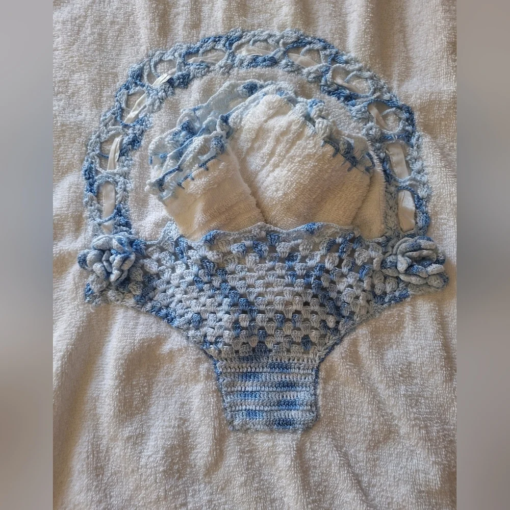 Hand Crafted Cream Bath Towel with Blue Crochet Basket Accent